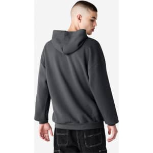 A unisex hooded sweatshirt in dark grey, featuring a relaxed fit and a hood at the back.