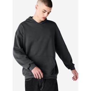 A unisex hooded sweatshirt in dark grey with a relaxed fit and front pocket, featuring a logo.
