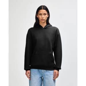 A black unisex hooded sweatshirt with a front pocket and a relaxed fit. It features a logo.