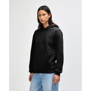 A unisex hooded sweatshirt in black with a kangaroo pocket and a branded logo.