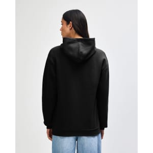 A black unisex hooded sweatshirt from American Apparel, viewed from the back. It has a relaxed fit and a hood.