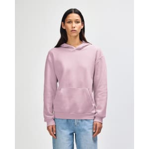 A unisex hooded sweatshirt in light pink, featuring a front pocket and a logo.