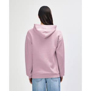 A pink unisex hooded sweatshirt featuring a spacious hood and a relaxed fit, with a visible logo on the back.