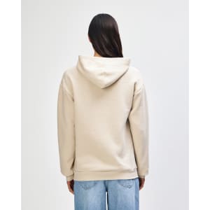A unisex hooded sweatshirt in a neutral beige colour, featuring a logo on the back.