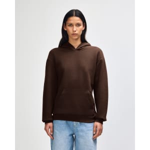 A unisex hooded sweatshirt in brown, featuring a front pocket and a logo.
