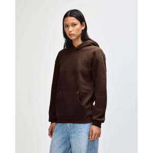 A unisex hooded sweatshirt in deep brown with a front pocket and a logo on the chest.