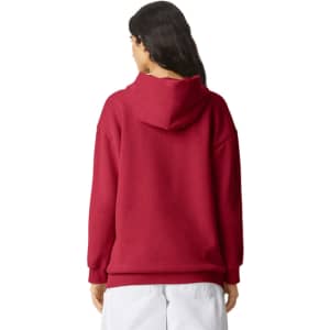 A red unisex hooded sweatshirt from American Apparel, featuring a simple design and a logo on the back.