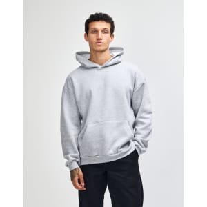 A grey unisex hooded sweatshirt featuring a front pocket and a logo on the chest.