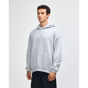 A grey unisex hooded sweatshirt with a kangaroo pocket and long sleeves, featuring a logo.