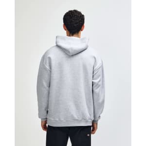 A unisex hooded sweatshirt in grey, featuring a hood and a relaxed fit with a branding logo.