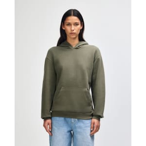 A unisex hooded sweatshirt in olive green with a front pocket and a logo, modelled by a male figure.