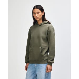 A unisex hooded sweatshirt in olive green, featuring a front pocket and an attached hood. It has a logo on the front.