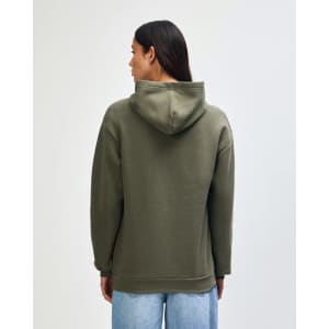 A unisex hooded sweatshirt in olive green with a relaxed fit and a hood, featuring a logo.