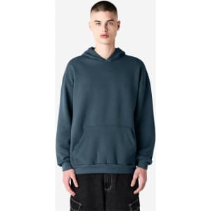 A unisex hooded sweatshirt in a deep blue colour, featuring a front pocket and a logo on the chest.