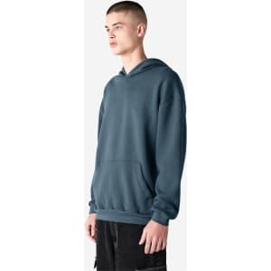 A unisex hooded sweatshirt in a dark blue colour, featuring a front pocket and a logo on the garment.