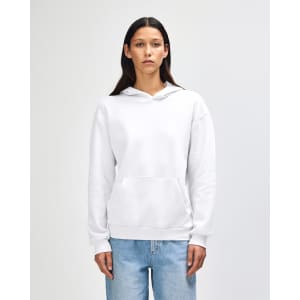 A unisex hooded sweatshirt in white, featuring a front pocket and a logo.
