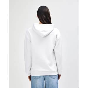 A unisex hooded sweatshirt in white, featuring a spacious hood and a back view of a model. It includes a logo.