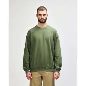 A green Gildan Softstyle adult sweatshirt, featuring a classic crew neck and long sleeves. The model stands facing forward.