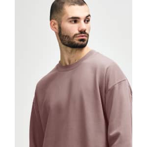 A model wearing a soft pink Gildan Softstyle adult sweatshirt. The sweatshirt features a classic fit and has a logo.