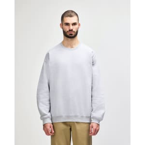 A grey Gildan Softstyle adult sweatshirt worn by a model, featuring a round neckline and long sleeves.