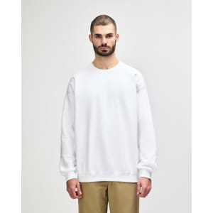 A white Gildan Softstyle adult sweatshirt on a model, featuring long sleeves and a crew neckline.