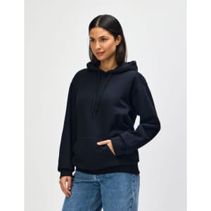 A black hooded sweatshirt with a front pocket and a drawstring hood, featuring a logo.