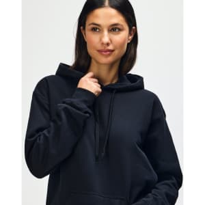 A black Gildan Softstyle adult hooded sweatshirt with a drawstring hood and a front pocket.
