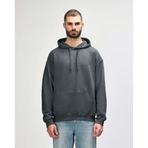 A grey hooded sweatshirt with a front pouch pocket and a drawstring hood, featuring a logo.
