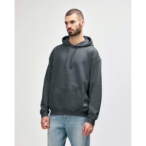 A softstyle hooded sweatshirt in a dark grey colour, featuring a front pocket and a logo.
