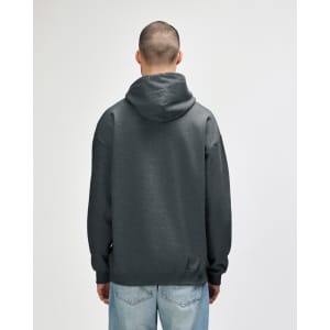 A grey Gildan Softstyle adult hooded sweatshirt displayed on a person from the back, featuring a hood and relaxed fit.