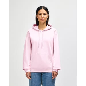 A pink hooded sweatshirt features a front pocket and a drawstring hood, modelled by a person.