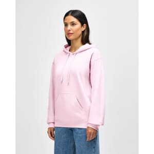 A pink adult hooded sweatshirt with a front pocket and a drawstring hood, displayed on a model.