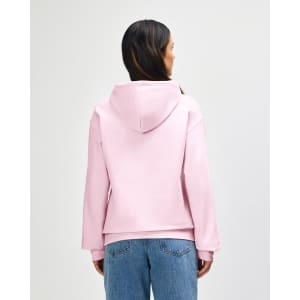 A pink hooded sweatshirt featuring a relaxed fit and kangaroo pocket, with a hood at the back.