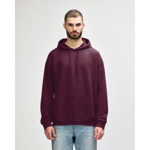 A maroon hooded sweatshirt with a front pocket and drawstrings, featuring a logo on the chest.