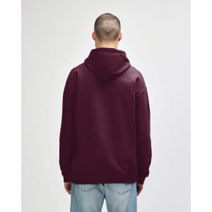 A maroon Gildan Softstyle adult hooded sweatshirt, featuring a back view with a hood and long sleeves.
