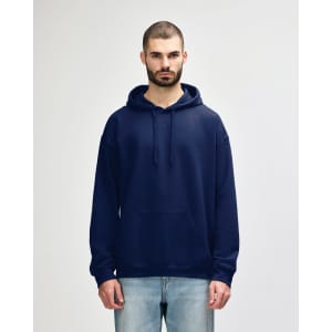 A navy adult hooded sweatshirt with a front pocket and a drawstring hood. It features a logo.