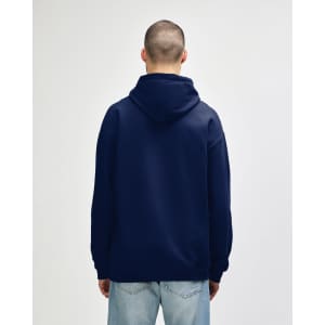 A navy hooded sweatshirt with a simple design, featuring a back view and a drawstring hood.