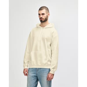 A light beige hooded sweatshirt on a man, featuring a front pouch pocket and a casual fit.