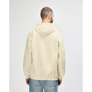 A cream-coloured adult hooded sweatshirt viewed from the back, featuring a hood and long sleeves.