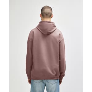 A hooded sweatshirt in a dusty pink colour, featuring a standard back design and a logo.
