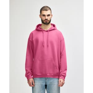 A pink hooded sweatshirt with a front pocket and drawstring hood, worn by a model. Features a branding logo.