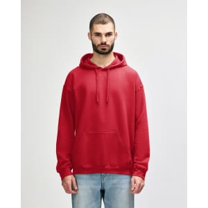 A red hooded sweatshirt with a front pocket and drawstring, featuring a logo on the chest.