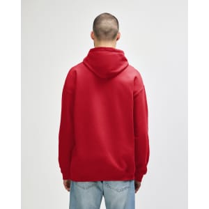 A red Gildan Softstyle adult hooded sweatshirt shown from the back, featuring a hood and long sleeves.