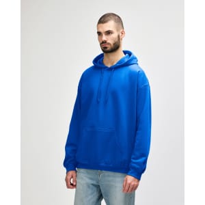 A blue Gildan Softstyle adult hooded sweatshirt in a relaxed fit, featuring a front pocket and adjustable drawstrings.