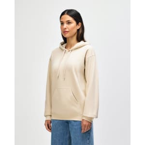 A beige hooded sweatshirt with a front pocket and a drawstring hood, featuring a logo on the chest.
