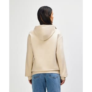 A beige hooded sweatshirt with a back view and a hood, featuring long sleeves and a simple design.