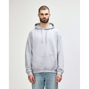 A grey Gildan Softstyle adult hooded sweatshirt with a front pocket and a drawstring hood. Features a logo.