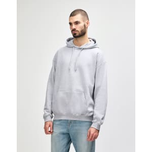 A grey hooded sweatshirt features a drawstring hood and a front pouch pocket, with a logo present.