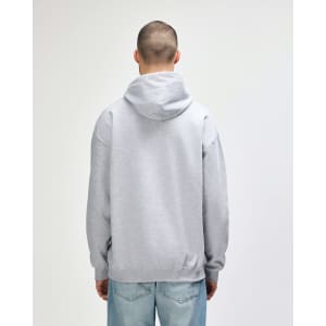 A grey hooded sweatshirt with a kangaroo pocket, viewed from the back. It features a logo on the back.