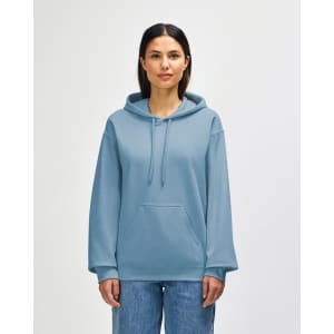 A soft blue adult hooded sweatshirt with a front pocket and a hood, featuring a logo on the chest.